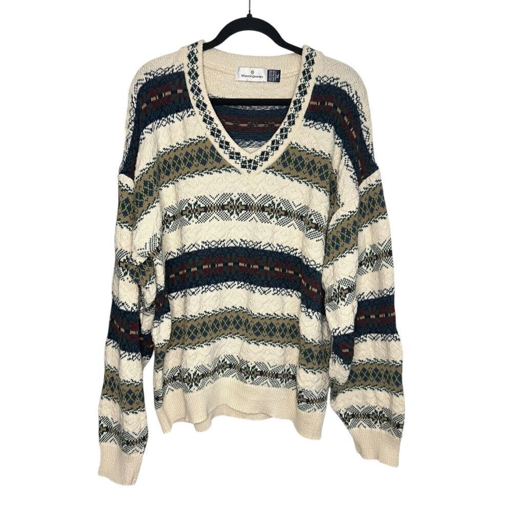 Vintage Munsingwear Men’s XL Cable Knit Sweater V-Neck Fair Isle Cotton USA 90s